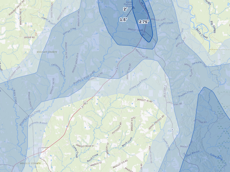 NEXRAD radar-signature map of the hail storm over Warren, AR on Aug 20, 2026
