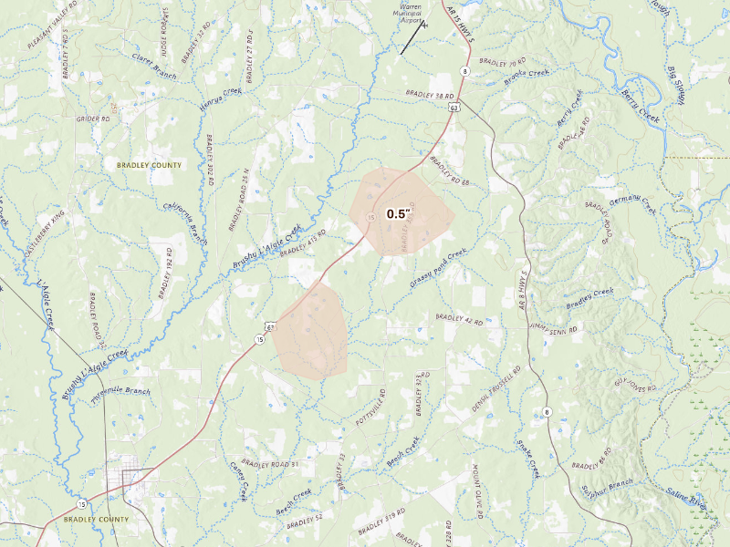 Radar-estimated hail-size map of the storm over Warren, AR on Sep 13, 2026