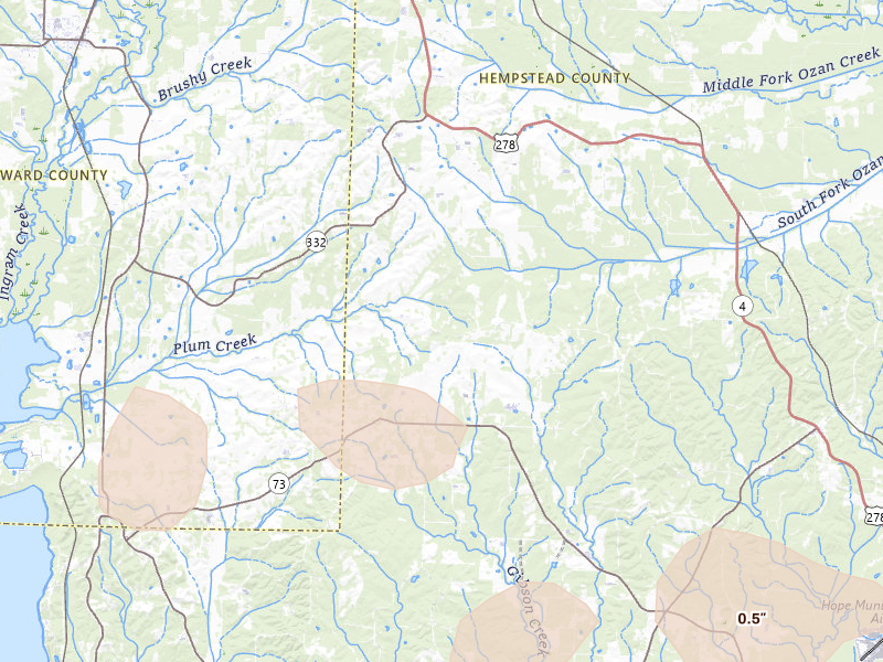 Radar-estimated hail-size map of the storm over Washington, AR on Mar 15, 2026