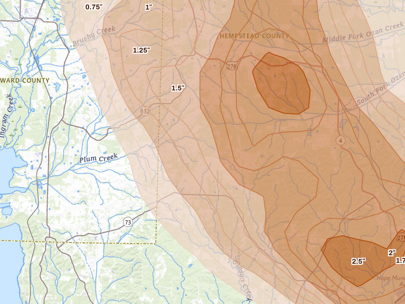 Radar-estimated hail-size map of the storm over Washington, AR on Apr 25, 2026