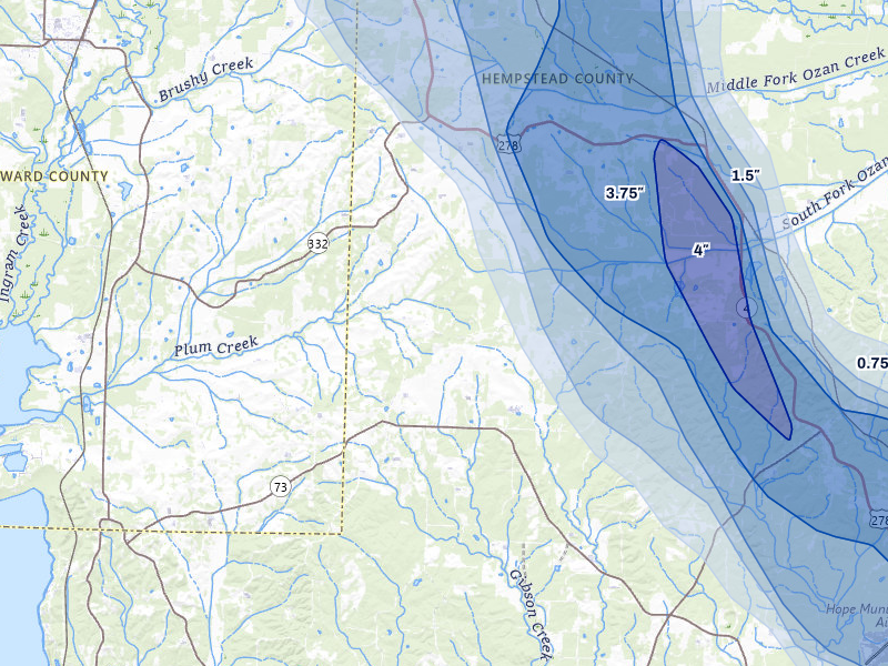 NEXRAD radar-signature map of the hail over Washington, AR