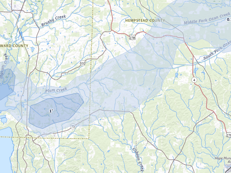 NEXRAD radar-signature map of the hail storm over Washington, AR on Apr 28, 2026
