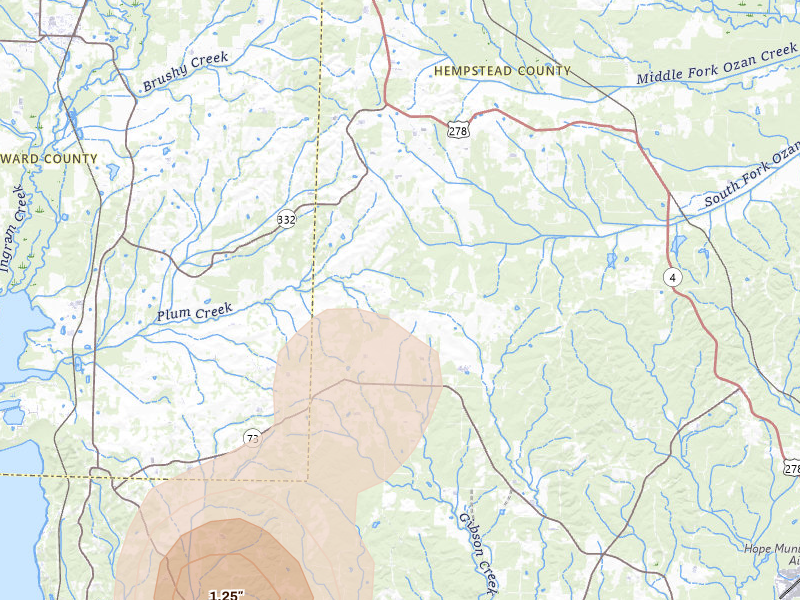 Radar-estimated hail-size map of the storm over Washington, AR on Jul 12, 2026