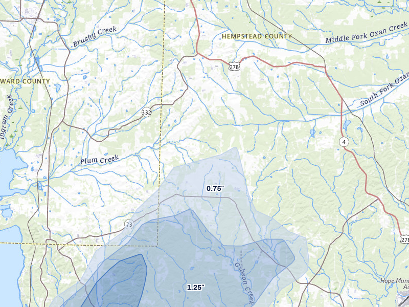 NEXRAD radar-signature map of the hail storm over Washington, AR on Jul 12, 2026