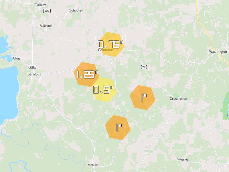 Hail map of Washington, AR on Jul 12, 2026, hail up to 1.25"