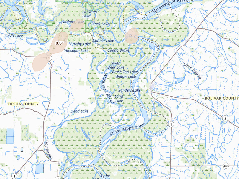 Radar-estimated hail-size map of the storm over Watson, AR on Mar 7, 2026