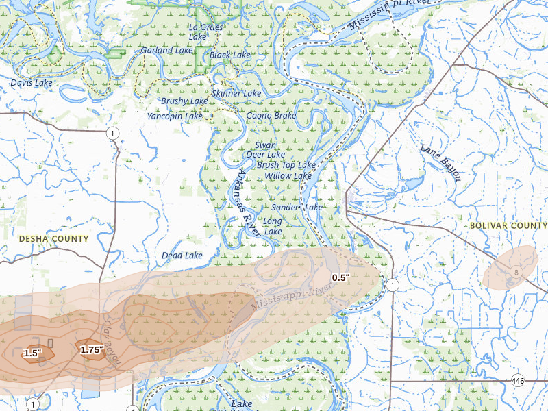 Radar-estimated hail-size map of the storm over Watson, AR on Mar 15, 2026