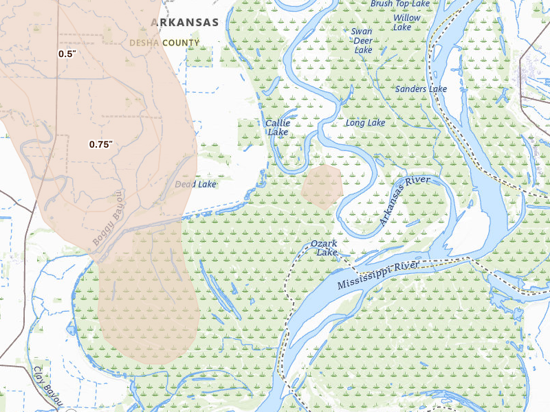 Radar-estimated hail-size map of the storm over Watson, AR on Aug 26, 2026