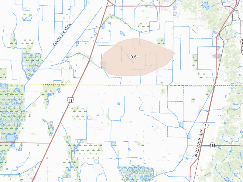 Radar-estimated hail-size map of the storm over Weiner, AR on Apr 27, 2026