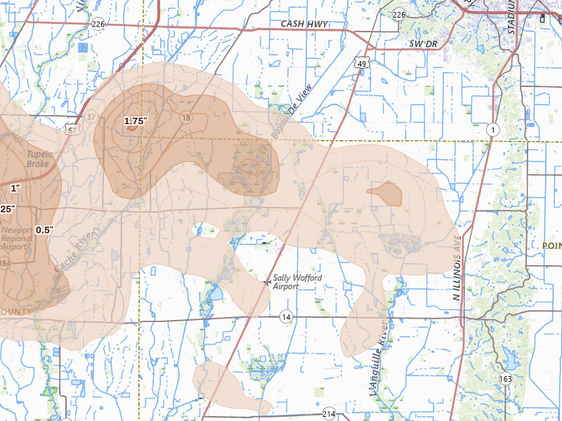 Radar-estimated hail-size map of the storm over Weiner, AR on Aug 22, 2026