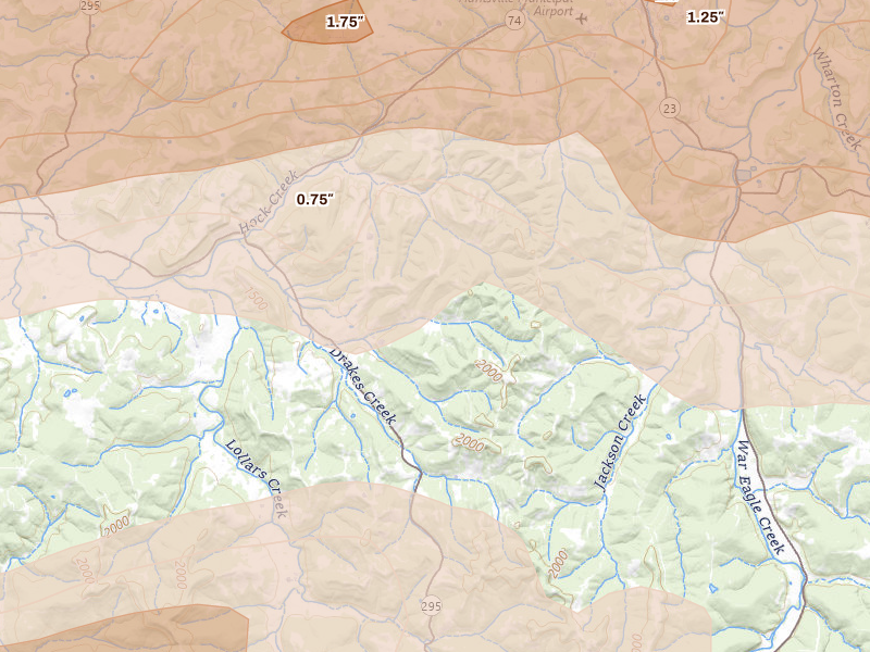 Radar-estimated hail-size map of the storm over Wesley, AR on Apr 28, 2026