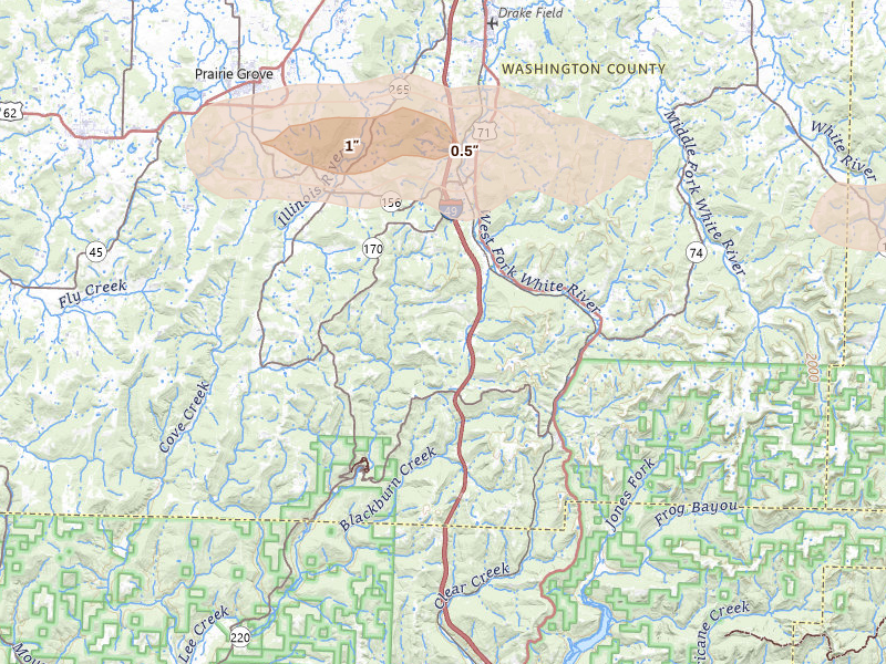 Radar-estimated hail-size map of the storm over West Fork, AR on Apr 25, 2026