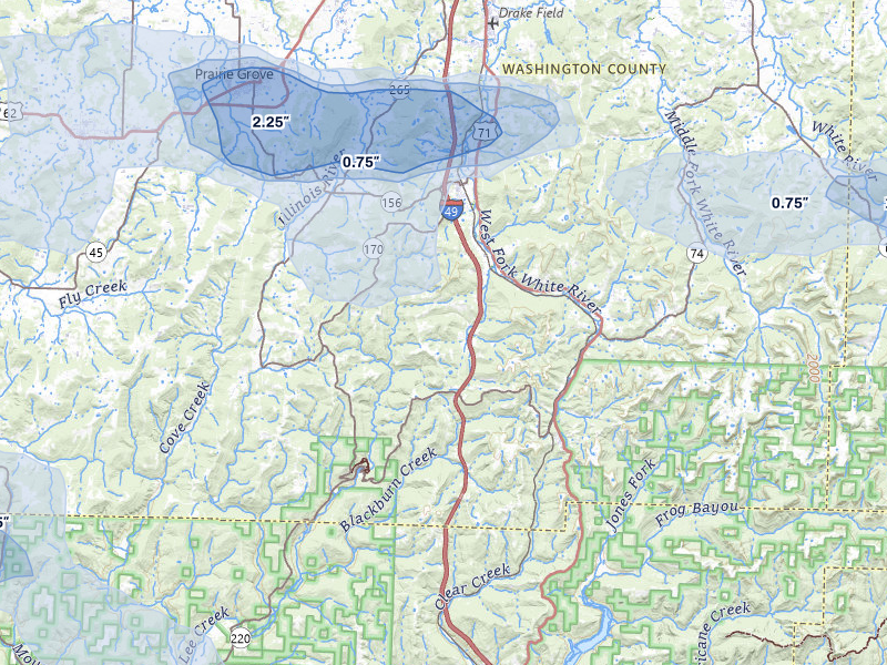 NEXRAD radar-signature map of the hail over West Fork, AR