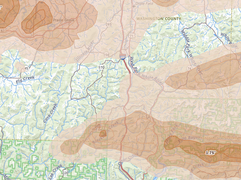 Radar-estimated hail-size map of the storm over West Fork, AR on Apr 28, 2026