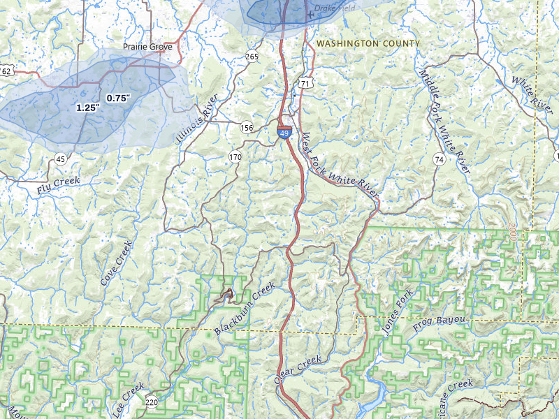 NEXRAD radar-signature map of the hail storm over West Fork, AR on Apr 28, 2026