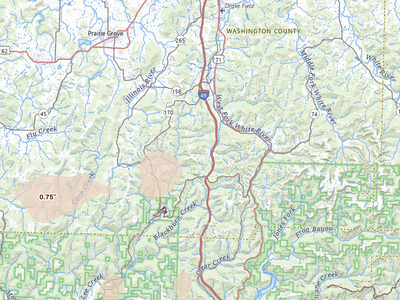 Radar-estimated hail-size map of the storm over West Fork, AR on Jul 11, 2026