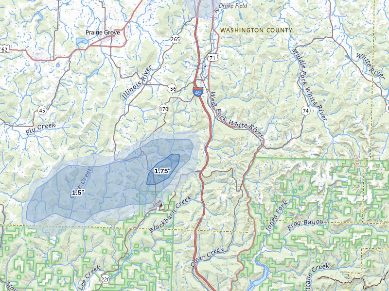 NEXRAD radar-signature map of the hail storm over West Fork, AR on Jul 11, 2026