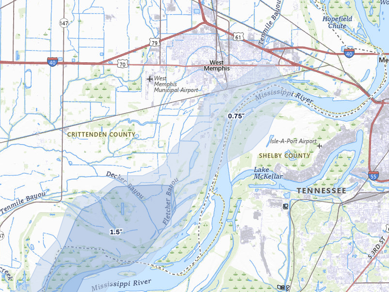 NEXRAD radar-signature map of the hail over West Memphis, AR