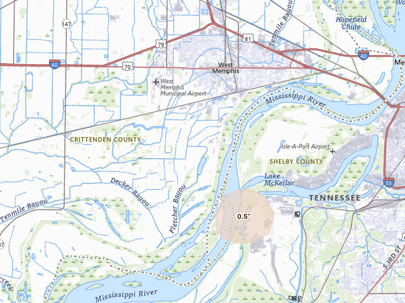 Radar-estimated hail-size map of the storm over West Memphis, AR on Apr 28, 2026