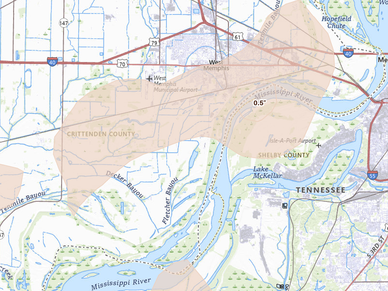 Radar-estimated hail-size map of the storm over West Memphis, AR