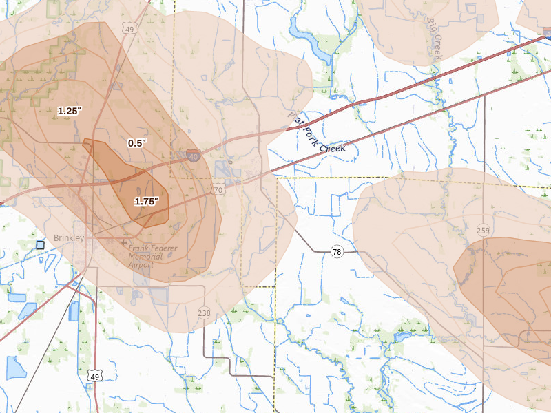 Radar-estimated hail-size map of the storm over Wheatley, AR on Aug 22, 2026