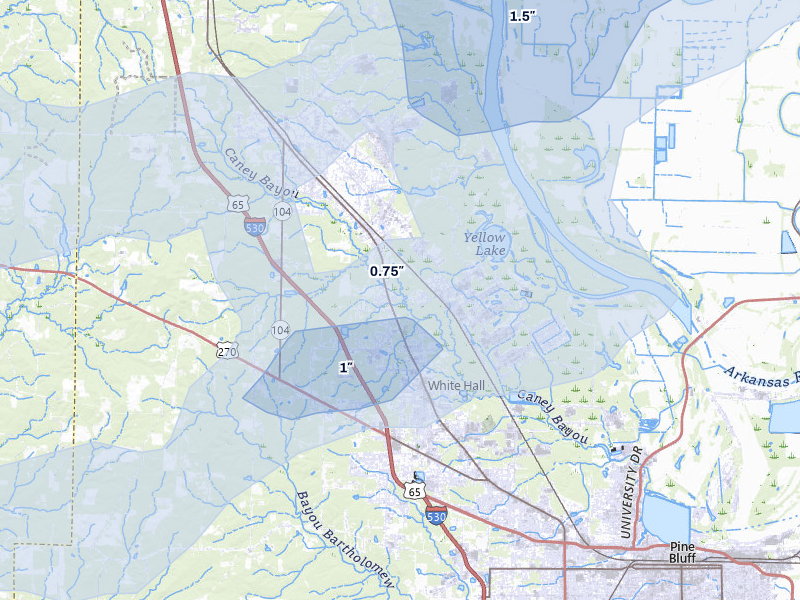 NEXRAD radar-signature map of the hail over White Hall, AR