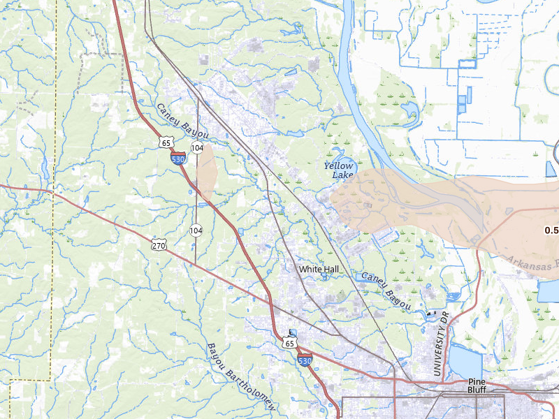 Radar-estimated hail-size map of the storm over White Hall, AR on Apr 28, 2026
