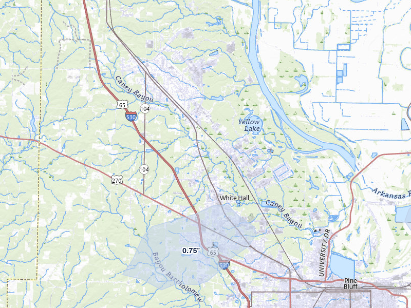 NEXRAD radar-signature map of the hail storm over White Hall, AR on Apr 28, 2026
