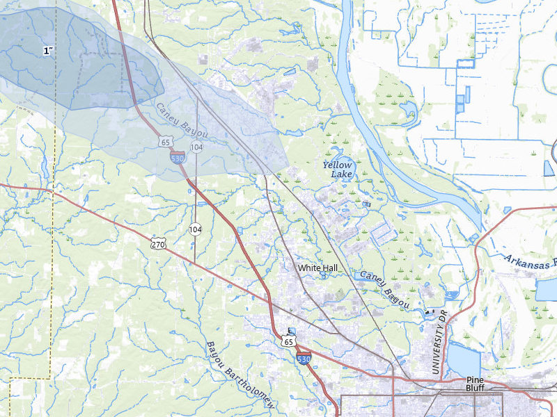 NEXRAD radar-signature map of the hail storm over White Hall, AR on May 5, 2026