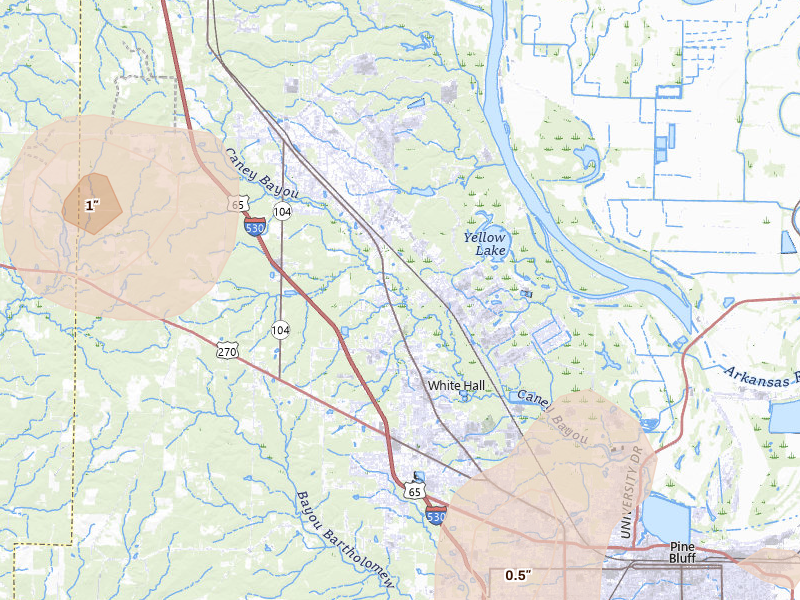 Radar-estimated hail-size map of the storm over White Hall, AR on Jul 8, 2026