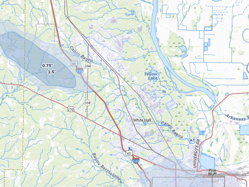 NEXRAD radar-signature map of the hail storm over White Hall, AR on Jul 8, 2026