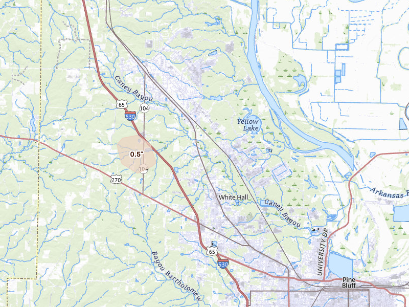 Radar-estimated hail-size map of the storm over White Hall, AR on Jul 11, 2026