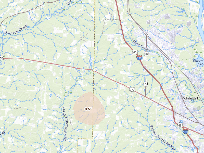 Radar-estimated hail-size map of the storm over White Hall, AR on Aug 7, 2026
