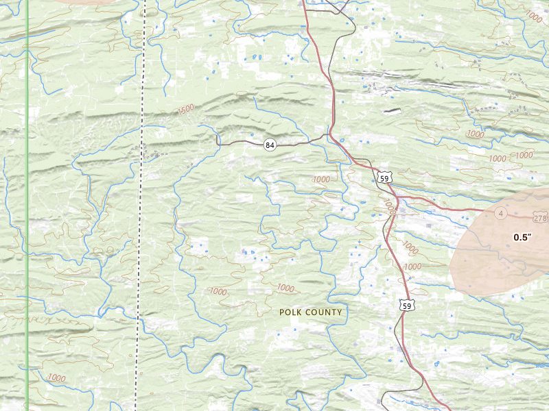 Radar-estimated hail-size map of the storm over Wickes, AR on Apr 24, 2026