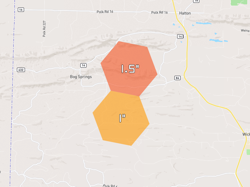 Hail map of Wickes, AR on Jun 7, 2026, hail up to 1.5"
