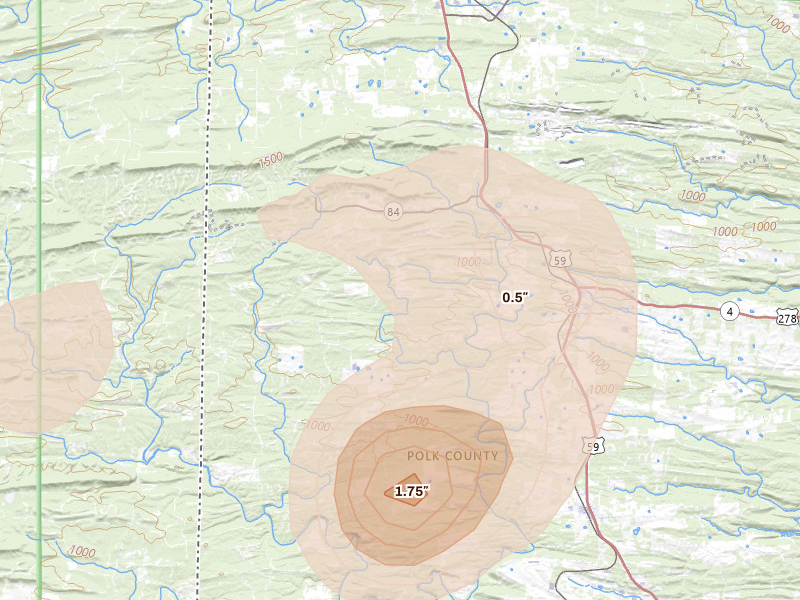 Radar-estimated hail-size map of the storm over Wickes, AR on Aug 7, 2026