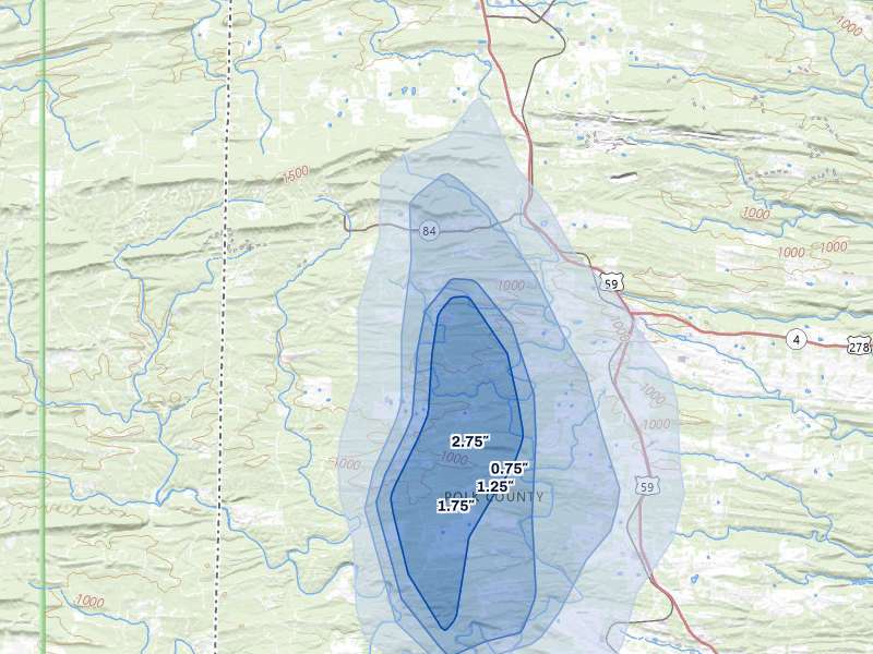 NEXRAD radar-signature map of the hail storm over Wickes, AR on Aug 7, 2026