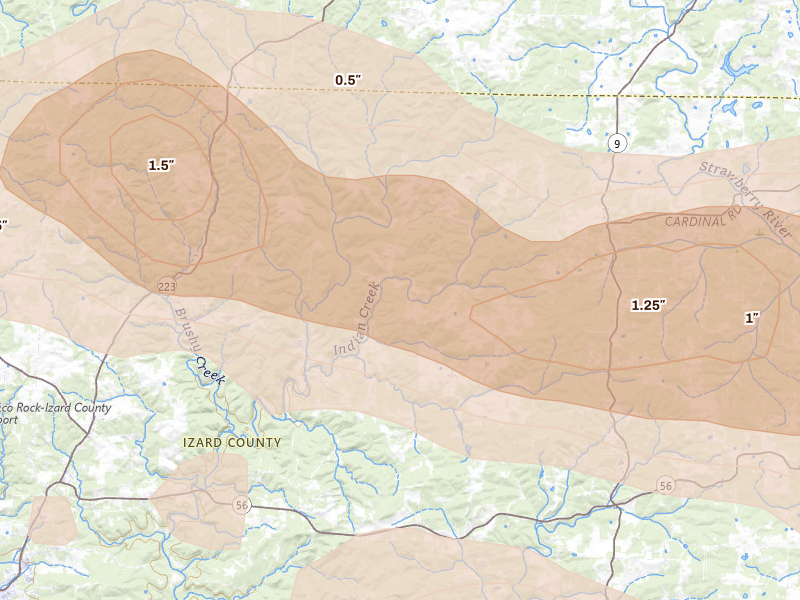 Radar-estimated hail-size map of the storm over Wideman, AR