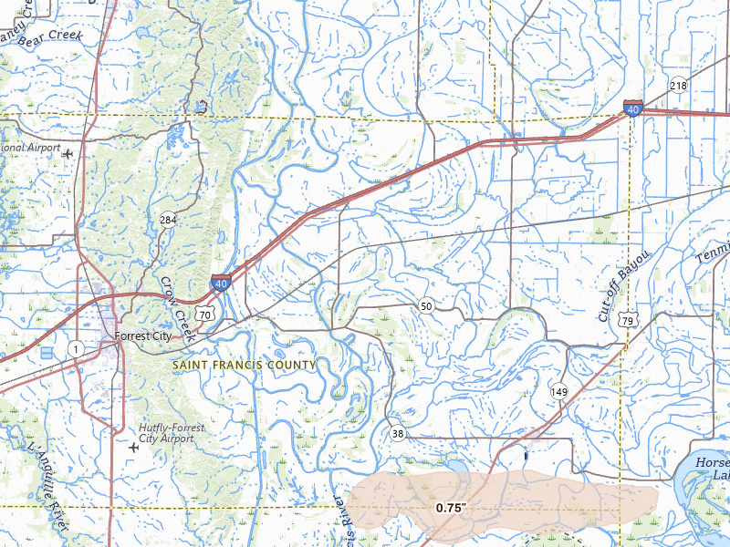 Radar-estimated hail-size map of the storm over Widener, AR on Apr 27, 2026