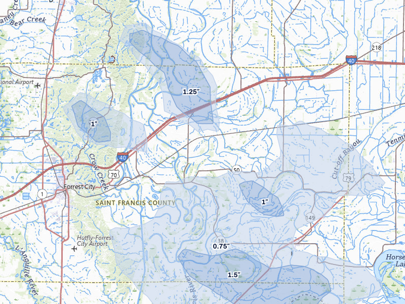 NEXRAD radar-signature map of the hail over Widener, AR