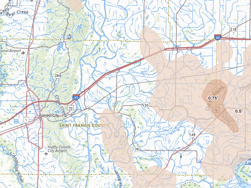 Radar-estimated hail-size map of the storm over Widener, AR on Jun 1, 2026