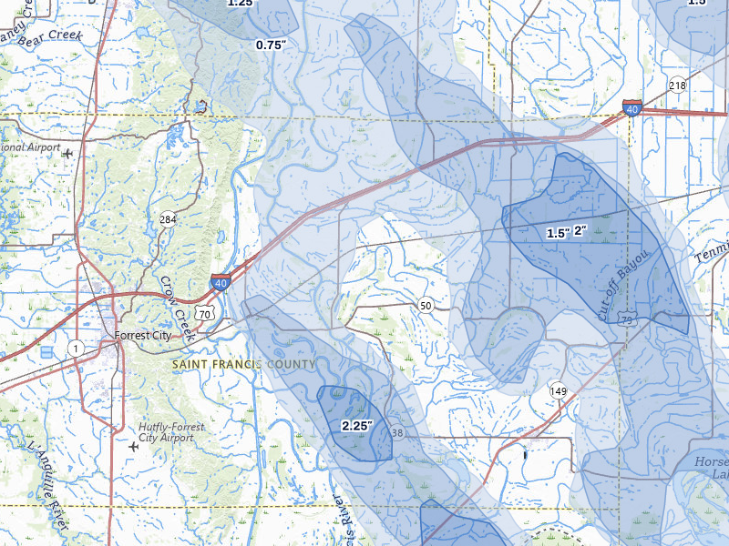 NEXRAD radar-signature map of the hail storm over Widener, AR on Jun 1, 2026