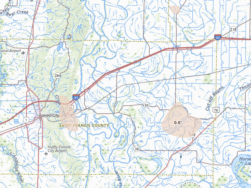 Radar-estimated hail-size map of the storm over Widener, AR on Jul 8, 2026