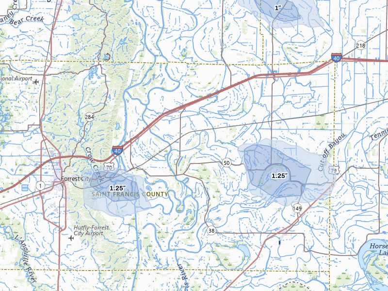 NEXRAD radar-signature map of the hail storm over Widener, AR on Jul 8, 2026
