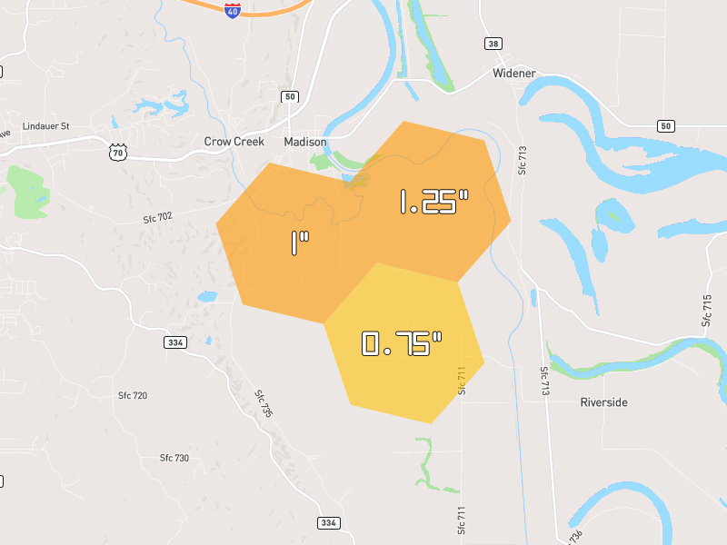 Hail map of Widener, AR on Jul 8, 2026, hail up to 1.25"