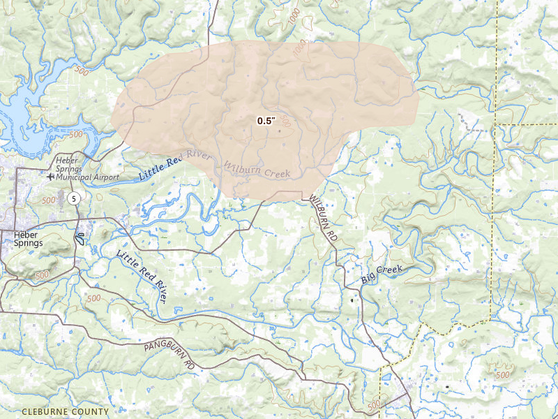 Radar-estimated hail-size map of the storm over Wilburn, AR on Apr 27, 2026