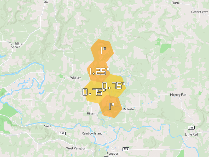 Hail map of Wilburn, AR on Jun 2, 2026, hail up to 1.25"