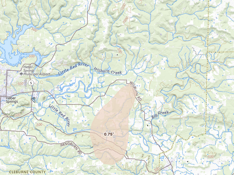 Radar-estimated hail-size map of the storm over Wilburn, AR on Jul 11, 2026