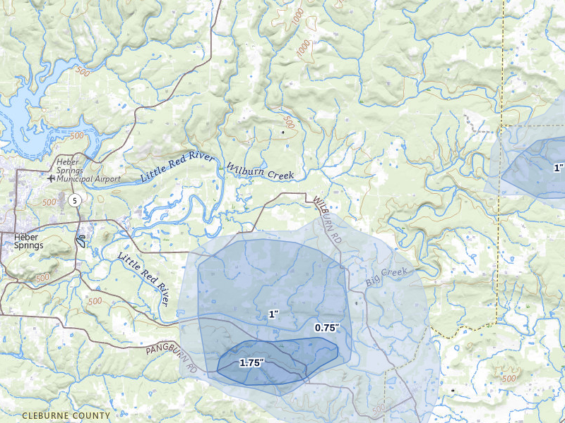 NEXRAD radar-signature map of the hail storm over Wilburn, AR on Jul 11, 2026