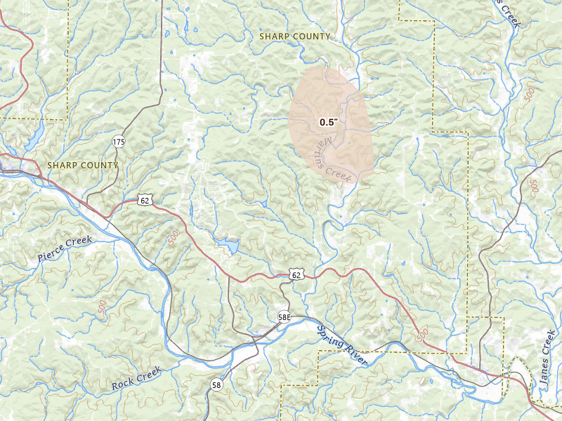 Radar-estimated hail-size map of the storm over Williford, AR on Apr 26, 2026